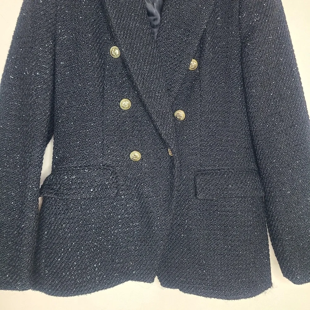 ZARA Double Breasted Textured Weave Black Gold Accents‎ Blazer Jacket M
